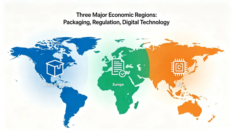 Color-coded world map of North America, Europe, and Asia with packaging, regulation, and digital technology icons